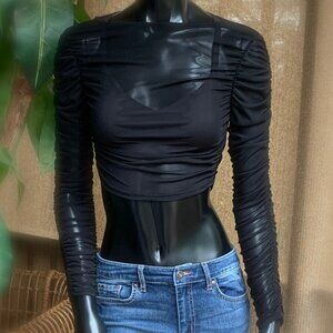 Windsor Black Sheer Mesh Long Sleeve Ruched Crop Top